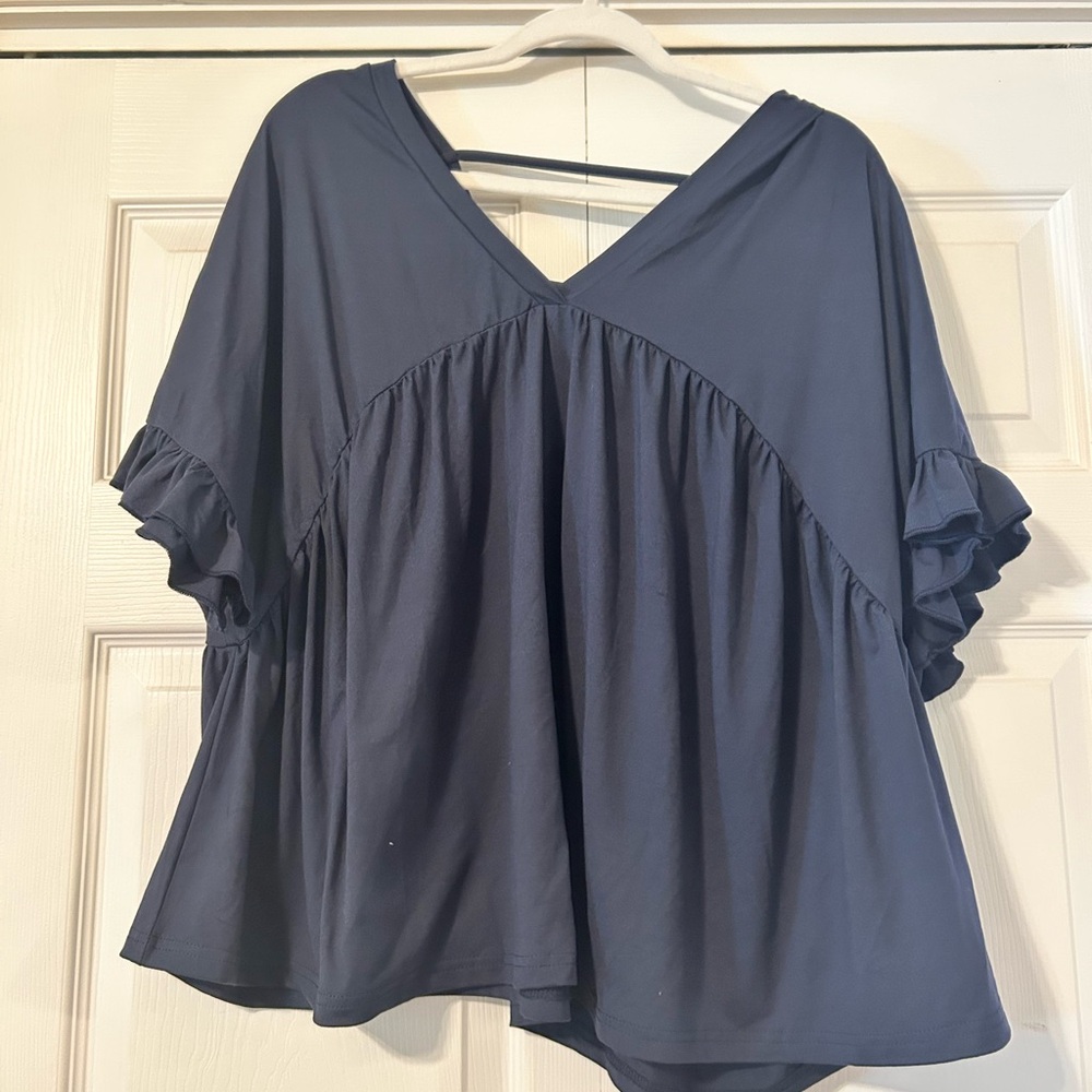 SHEIN Blue Flutter Sleeve Ruffled Blouse